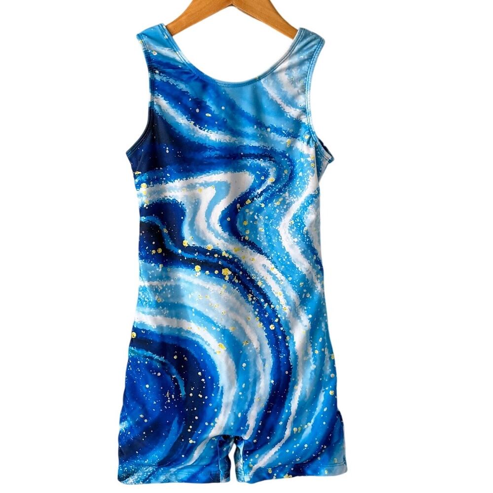 Girls Gymnastics Dance Biketard Leotards Blue White Outerspace size 8-9Y